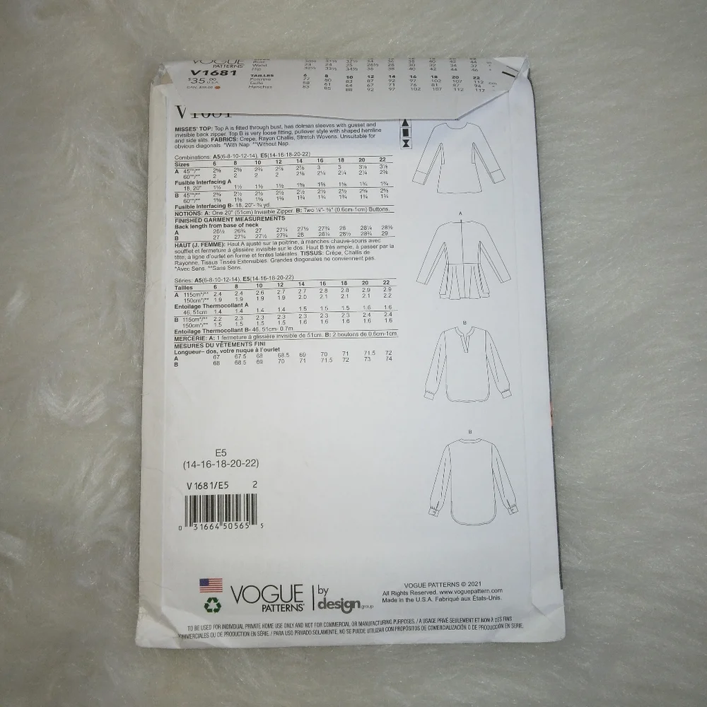 VOGUE V1681 Sz 16-22 Misses loose fitting tops in 2 styles